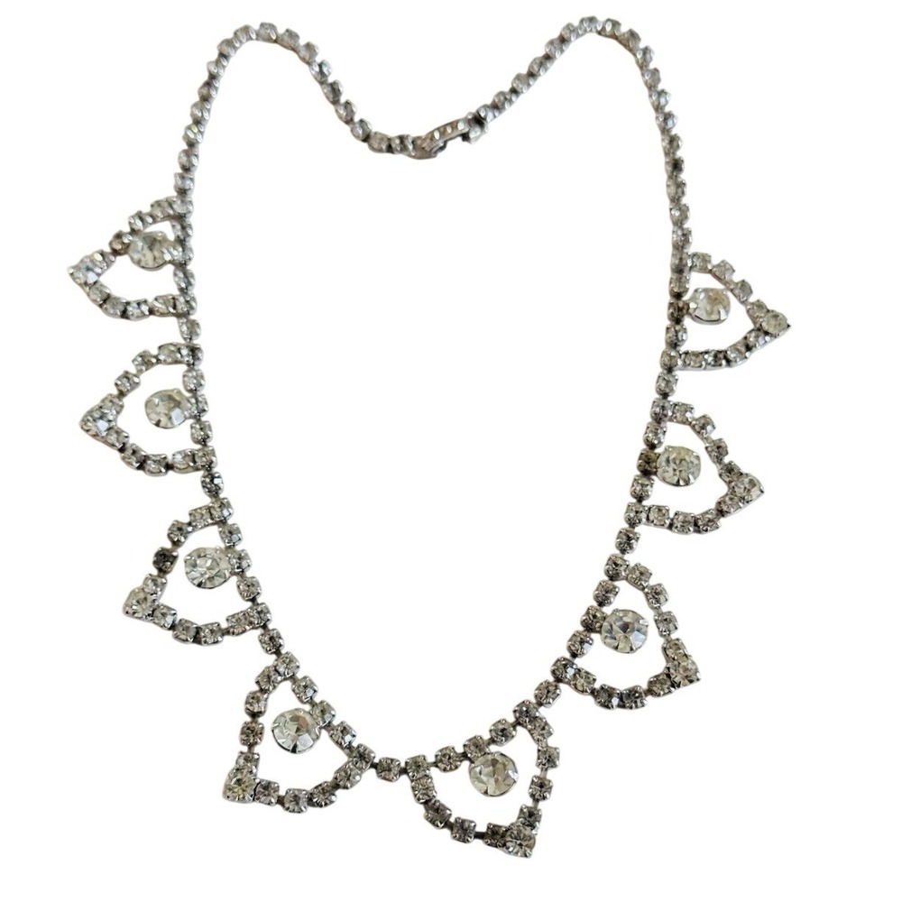 VTG Clear Crystal Rhinestone Necklace Silver Collar Glitzy Sparkly Statement 80s